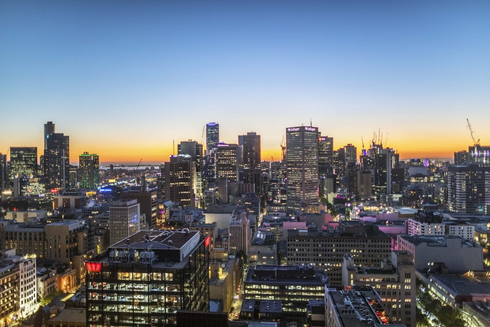 West and bay view from level 27 at dusk 