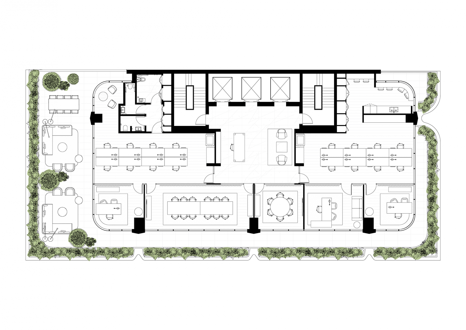 Tower floorplan, level 8 with landscaped terrace, single tenancy, 1:10 population density ratio